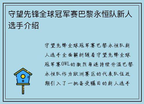 守望先锋全球冠军赛巴黎永恒队新人选手介绍