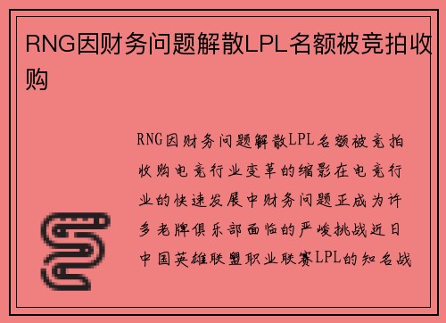 RNG因财务问题解散LPL名额被竞拍收购