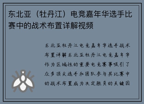 东北亚（牡丹江）电竞嘉年华选手比赛中的战术布置详解视频