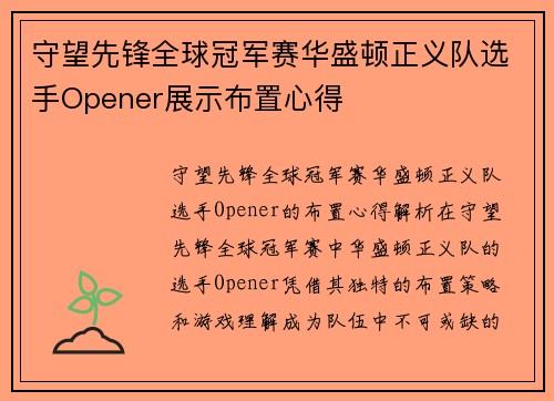 守望先锋全球冠军赛华盛顿正义队选手Opener展示布置心得